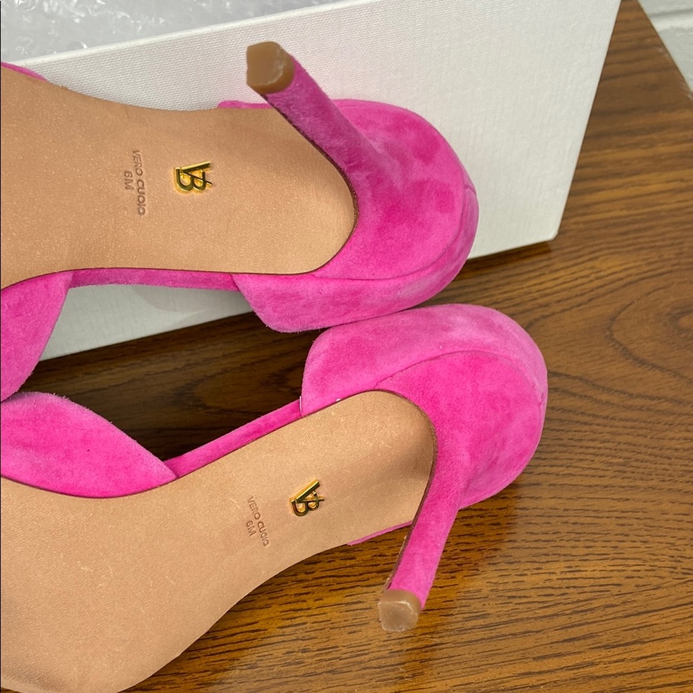 Veronica Beard Gadot Fuschia Suede‎ Leather Peep-Toe Heels Size 6M Barbie Pink - Picture 8 of 12